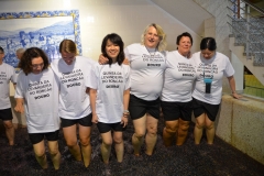 The women from one of our recent Port Harvest Tours step into the lagar and prepare for treading at DR Ports.