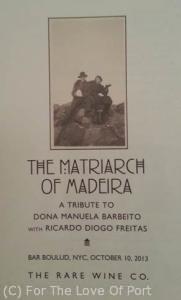 Program for Tasting Matriarch of Madeira Tribute to Dona Manuela Barbeito